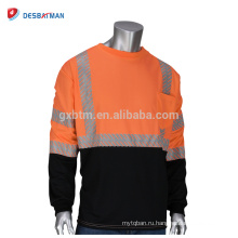 Оптовая ANSI класса 3 с длинным рукавом Отражательная безопасности T-рубашка высокая видимость круглый воротник оранжевой рубашки черный низ спереди